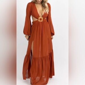 Rust Long Sleeve Cutout Maxi Dress Bodysuit